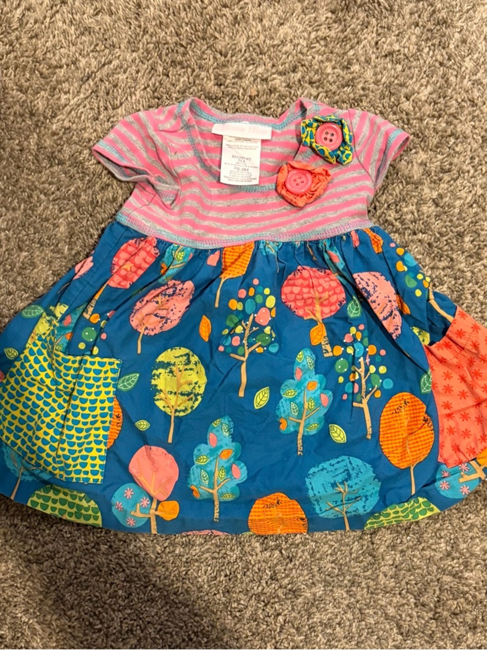 Bonnie Baby Pink Striped Top with Blue Tree-Print Skirt Dress